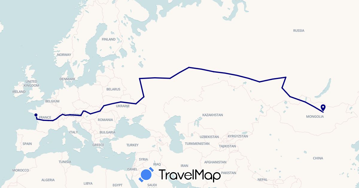 TravelMap itinerary: driving in Austria, Switzerland, France, Hungary, Liechtenstein, Mongolia, Russia, Slovakia, Ukraine (Asia, Europe)